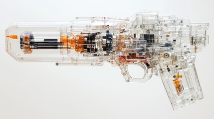 Transparent Toy Gun with Internal Mechanism Visible on White Background.