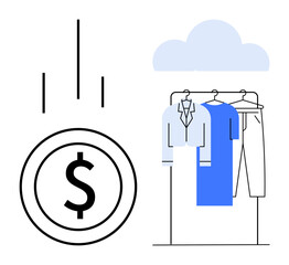 Dollar symbol with downward arrows beside clothing rack holding shirt, blue suit, and pants under cloud. Ideal for fashion industry, retail management, finance, budgeting, e-commerce, economic