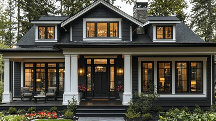 Elegant Black and White Modern House Exterior at Night