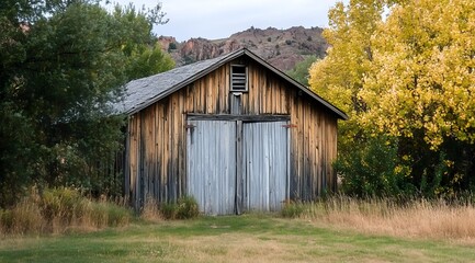Obraz premium Weathered old shed exterior, timeless architecture wooden building countryside, authentic village rural, vintage traditional rustic, antique pastoral charming