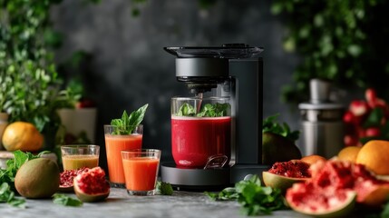 A juicer in action with fresh fruits and glasses of juice ready to serve.