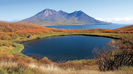 Serene Autumn Landscape: Volcanic Lake and Mountain Vista