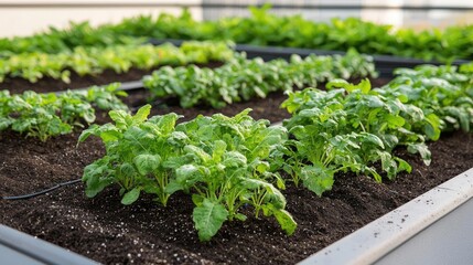 Rooftop gardens idea. Vibrant green plants growing in a soil-filled garden bed under gentle sunlight.