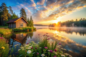 Fototapeta premium Serene Lakeside Cabin at Sunrise with Vibrant Wildflowers Reflecting in Calm Water
