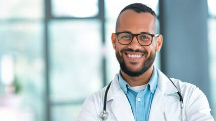 smiling doctor wearing glasses and stethoscope, standing confidently in bright medical office, conveys professionalism and warmth