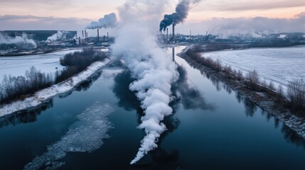 Fototapeta premium A polluted river surrounded by factories emitting smoke