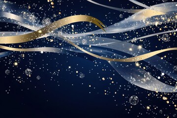 elegant celebration pattern with swirling metallic ribbons and champagne bubbles, delicate gold and silver confetti on deep navy background, ethereal sparkles and flowing lines
