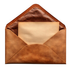 Open brown envelope with an inserted letter visible white empty mock up correspondence on transparent background. PNG.