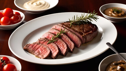 Grilled beef steak with condiment sauce