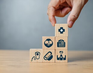 hand and dices, toy house on the hand,  Insurance Concept, Hand arranging wood cube stacking with icon healthcare medical on wood background, copy space, financial concept, hand holding domino