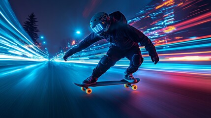 Skateboarding boy with flashing light and shadow