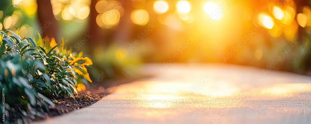 Aufkleber green spaces gardening concept. a serene pathway illuminated by warm sunlight through lush greenery.