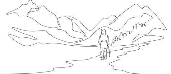 Continuous one line drawing old man walking in the park. Elderly man against the backdrop of nature. Mountain landscape.One continuous line isolated minimal illustration.Not AI.