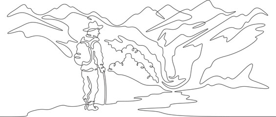 Continuous one line drawing old man walking in the park. Elderly man against the backdrop of nature. Mountain landscape.One continuous line isolated minimal illustration.Not AI.