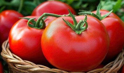 Fresh red tomatoes in a wicker basket, garden background, ideal for food or agriculture themes