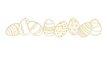 Line art style outline drawing set of golden Easter eggs decorated with stripes, dots, leaves and flowers. com in minimalist style. Ideal for Easter cards, invitations, coloring books, posters