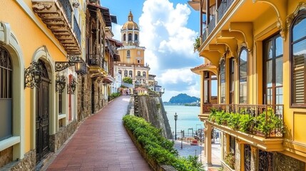 Coastal walkway, colonial architecture, Panama City, church, ocean view, travel, tourism, postcard