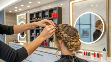 A close-up of the hands of a hairdresser styling a client's hair with professionalism and precision. The background shows a modern salon interior.