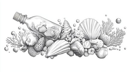 Seashells, sea sponges, corals, pebbles and bubbles inside a glass bottle with a stopper. Hand drawn graphic illustration in black and white color line art. Sublimation arrangement on marine theme