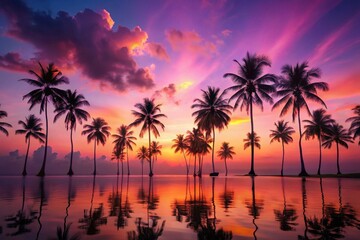 Obraz premium Serene Tropical Sunset Silhouetted Palm Trees Reflecting in Calm Waters, Vibrant Sky