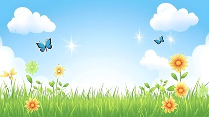 Spring Meadow Landscape,  Butterflies, Flowers, Grass, Blue Sky