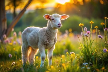 Obraz premium A young lamb basking in the golden light of the setting sun amidst a vibrant meadow of wildflowers.