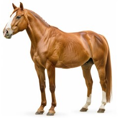 Obraz premium Chestnut horse standing on white background, showing its powerful muscles