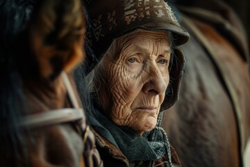 Portrait of elderly woman farmer wearing traditional clothing and posing next to horse in stable