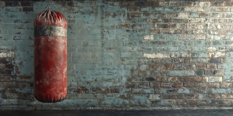 A drained red punching bag hangs from the ceiling. The bag is old and worn, and the wall is made of bricks.