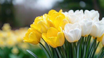 Obraz premium Vibrant yellow and white tulips bloom in a sunny spring garden.