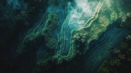 Ethereal Aerial View of Lush Green Rice Terraces with Wispy Mist