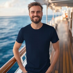 Fototapeta premium Summer cruise, vacation t-shirt designs mockup. Handsome man wearing black basic tshirt standing on yacht deck, sunny day. Men's blank short sleeve t-shirt template, sea journey outdoors
