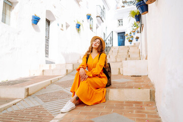 Happy woman on vacation in the street’s town on the costa. Europe travel. Lifestyle, vacation,...