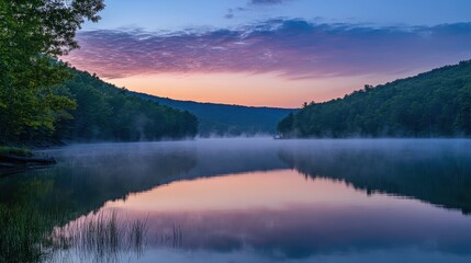 Fototapeta premium Serene Lake Sunrise with Reflective Mist and Vivid Sky.
