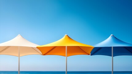 Colorful Beach Umbrellas Against Bright Blue Sky by the Ocean