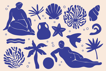 Abstract woman figure art. Modern female silhouette minimalist style, organic woman body floral sea shapes mid century vintage design. Vector isolated set