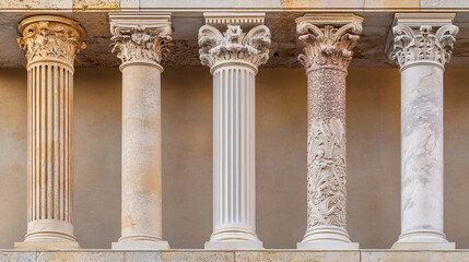 Fototapeta premium Ancient roman columns, marble architecture decor. Vector realistic antique greek white pillars with capitals in doric, corinthian, ionic and tuscan style isolated on transparent background