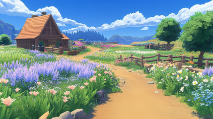 Farm life landing page horizontal template. Cartoon vector illustration of girl riding bicycle in rural area. Summer field landscape, flowers, grass, trees. Agricultural business. Eco tourism