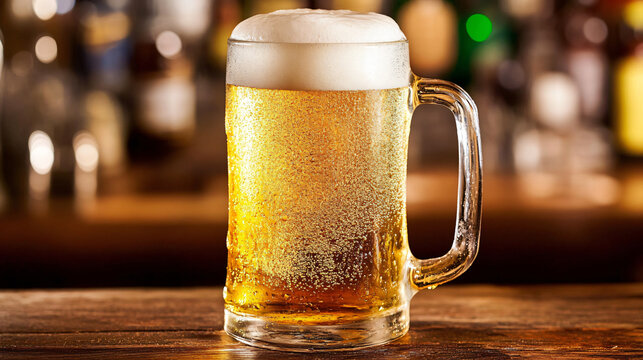 Frosty Pint of Beer: A frosty mug of golden beer, topped with a thick layer of foam, awaits on a wooden bar counter, with a blurred background of bottles and glasses.