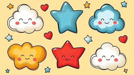 Cute cartoon clouds and stars on pastel background.