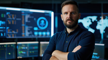 cybersecurity expert confidently monitors network traffic on multiple screens in high tech control room, showcasing professional and focused demeanor