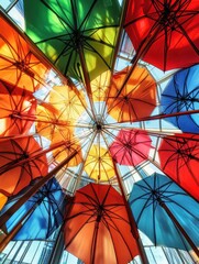 Fototapeta premium Colorful Umbrellas Hanging from Glass Ceiling, Abstract Perspective of Rain Protection.