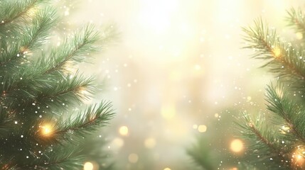 Festive Pine Branches with Golden Bokeh and Snowfall Background.