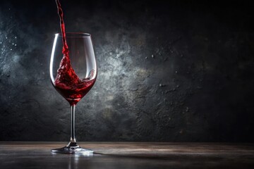 Crimson liquid gracefully cascades into a crystal wineglass, against a dark textured backdrop.