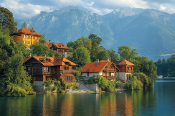 Naklejka premium Beautiful houses reflecting on a lake with majestic mountains in the background