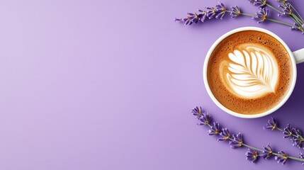 Latte Art Coffee with Lavender on Purple Background