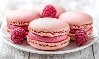 Fototapeta premium Pink macarons with raspberry filling and fresh raspberries on a white plate, wooden table