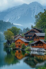 Fototapeta premium Wooden houses reflecting on a lake in the austrian alps