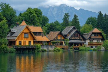 Obraz premium Charming lakeside cottages with mountain views
