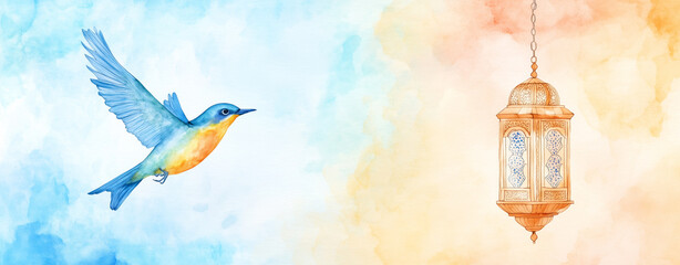 Fototapeta premium Watercolor illustration of a blue and orange bird flying near a decorative arabic lantern